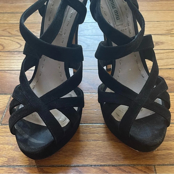 Miu Miu  Black Suede Platform Crisscross Sandal Heels, size 36 - Picture 2 of 12